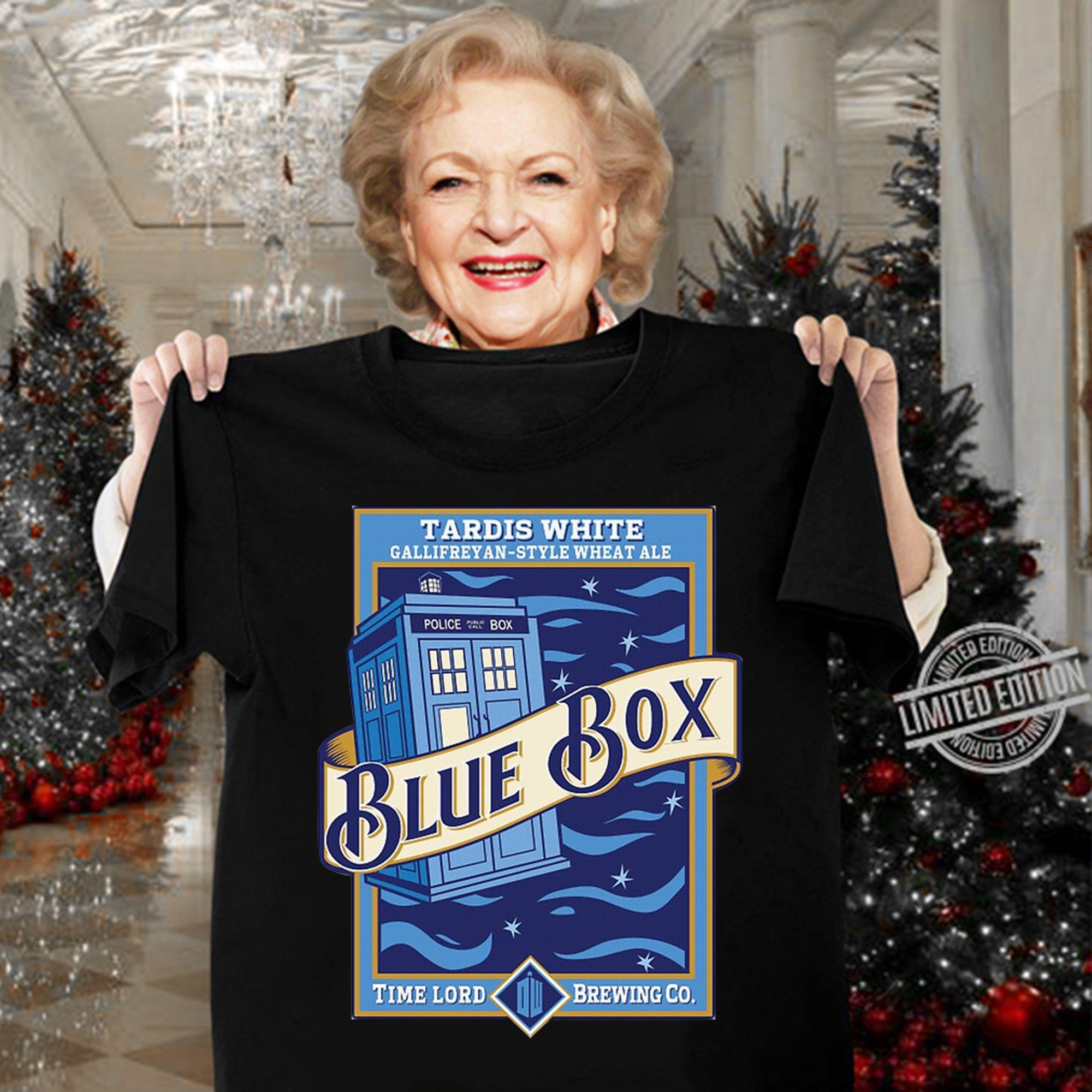 Doctor Who Tardis White Gallifreyan-Style Wheat Ale Blue Box Time Lord Brewing Co t-shirt woman shirt