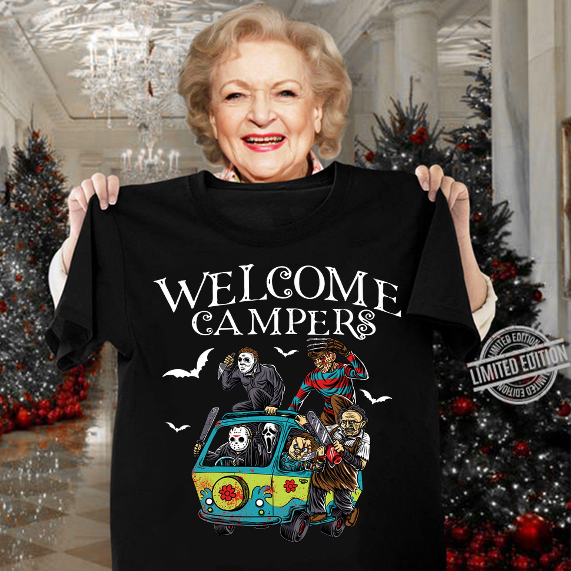 Premium welcome campers funny camping 80s Horror Movie t-shirt woman shirt