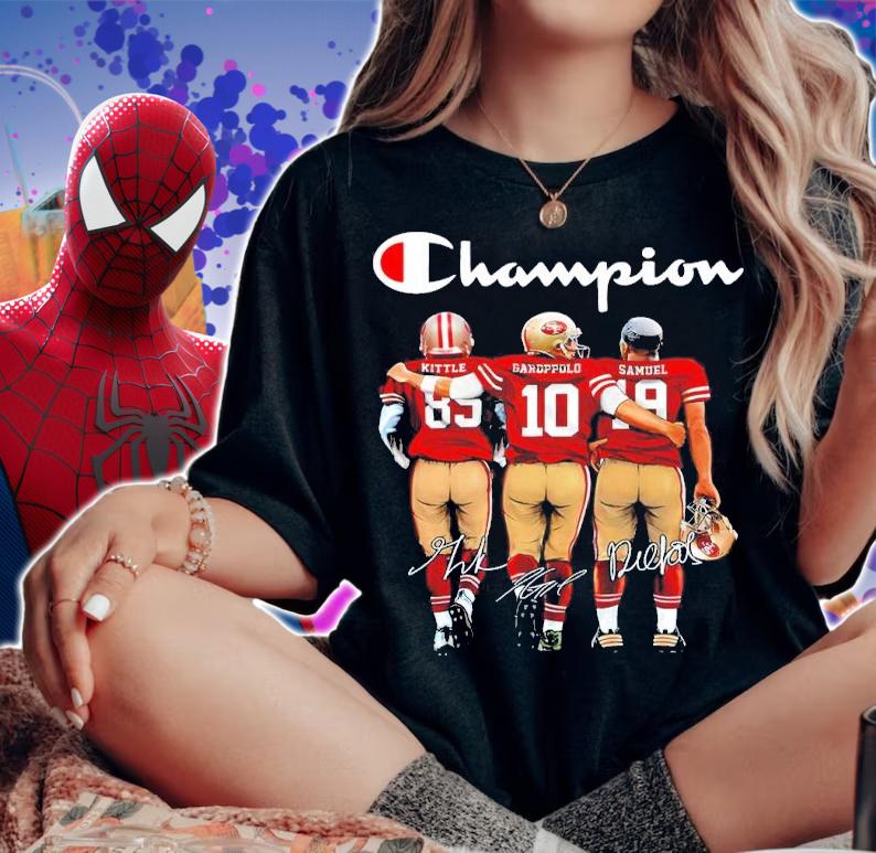 San Francisco 49ers Champion George Kittle Vs Jimmy Garoppolo And Deebo Samuel Signatures Shirt woman shirt